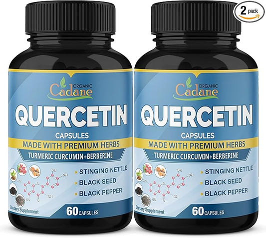 Organic Cadane 2 Packs Quercetin Supplements Capsules, 6in1 with Turmeric, Berberine, Stinging Nettle, Black Seed, Black Pepper - Supports Immune System - 4 Months Supply