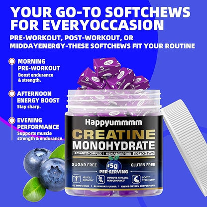 Creatine Monohydrate Soft Chews 5g for Men & Women, Preworkout Gummy with Electrolyte for Muscle Growth, Strength & Energy Support, Blueberry 60 pcs