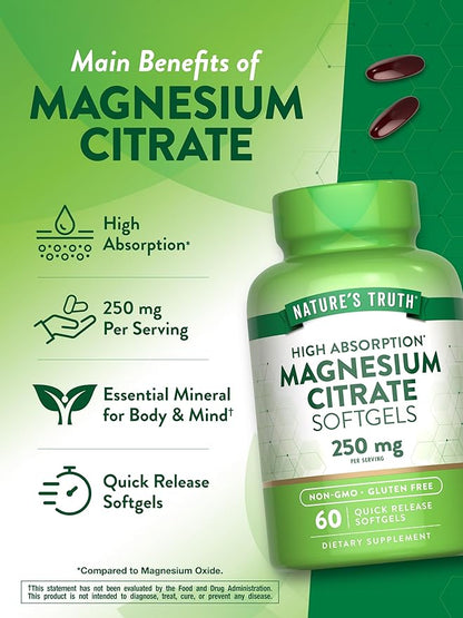 Nature's Truth Magnesium Citrate Softgels | 250mg | 60 Count | High Absorption | Non-GMO & Gluten Free Supplement