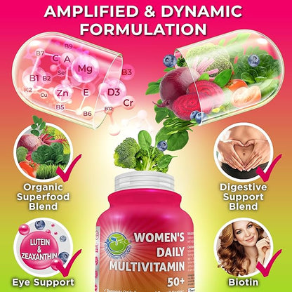 Women's Daily Multivitamin 50 Plus - Vegan Methylated Multivitamin for Women 50 and Over with Biotin, Organic Superfoods & Lutein - Eye, Energy, Gut & Optimal Health Support - Easy to Swallow Capsules