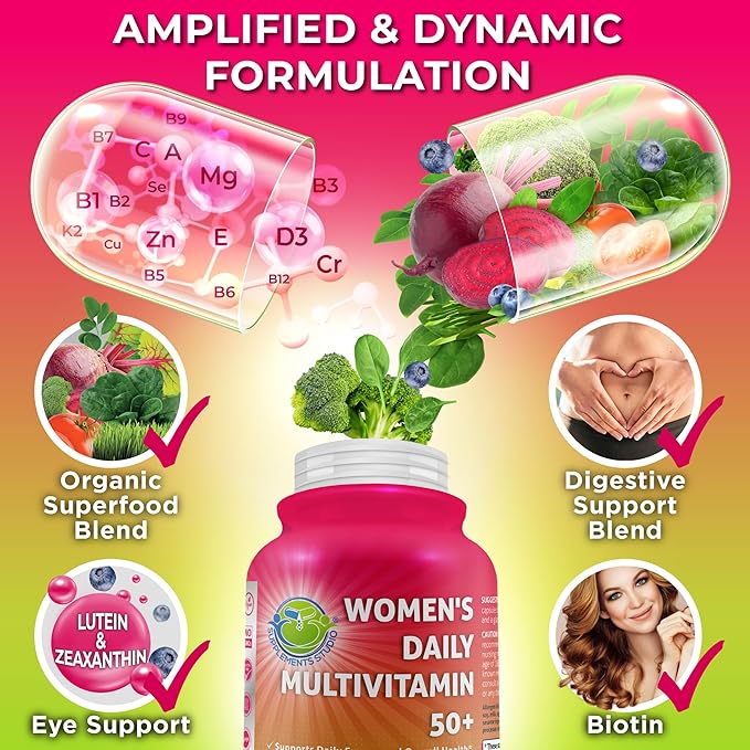 Women's Daily Multivitamin 50 Plus - Vegan Methylated Multivitamin for Women 50 and Over with Biotin, Organic Superfoods & Lutein - Eye, Energy, Gut & Optimal Health Support - Easy to Swallow Capsules