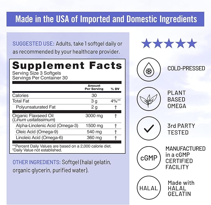 NatureWise Flaxseed Oil 3000 mg, Fish Free Omega 3 with 1500 mg ALA, Dietary Supplement for Immune Health Support - Organic, Cold Pressed, Non-GMO - 90 Softgels[30-Day Supply]