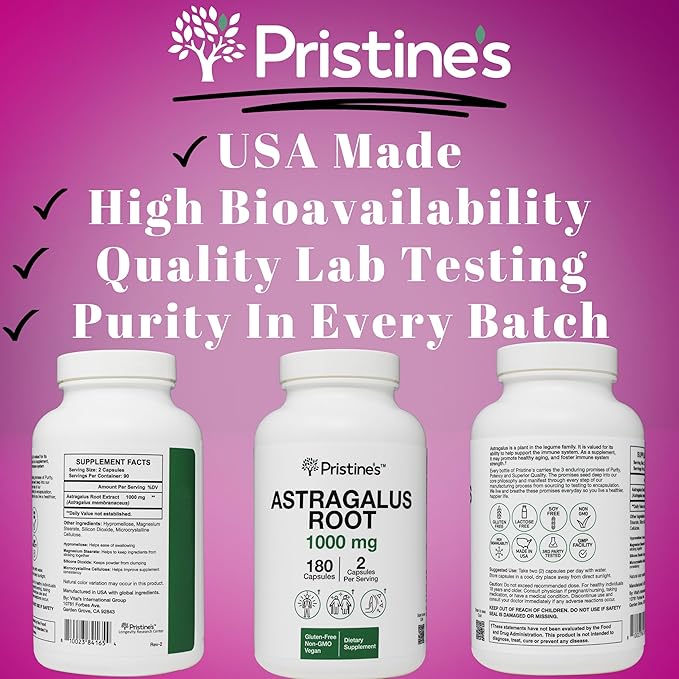 PRISTINE'S Astragalus Root Immune Support Supplement Capsules -1000mg 90 Day Supply Herbal Adaptogen - Healthy Aging, Heart & Lung Health
