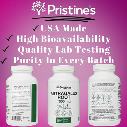 PRISTINE'S Astragalus Root Immune Support Supplement Capsules -1000mg 90 Day Supply Herbal Adaptogen - Healthy Aging, Heart & Lung Health