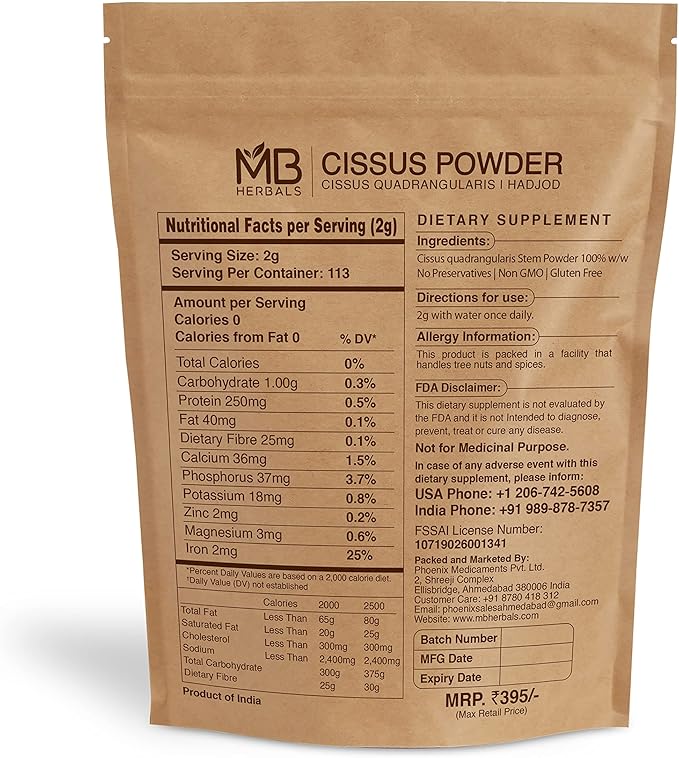 MB Herbals Cissus (Hadjod) Powder 227g | 8 oz| Half Pound | Cissus quadrangularis St. Powder