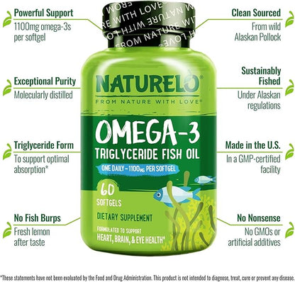 NATURELO Burpless Omega 3 Fish Oil Supplement - 1100mg Triglyceride Omega-3, EPA + DHA, Liquid Fish Oil for Heart, Eye, Brain, Joint Health - 60 Softgels, 2 Months Supply