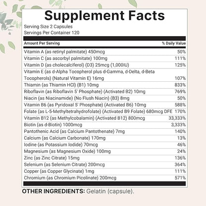 Pure Methylated Multivitamin for Men & Women | 240 Capsules with Vitamins C, D, B12, Thiamin, Folate + Magnesium, Zinc, & More | High Absorption | Bioactive Vitamin & Mineral Complex | Filler Free