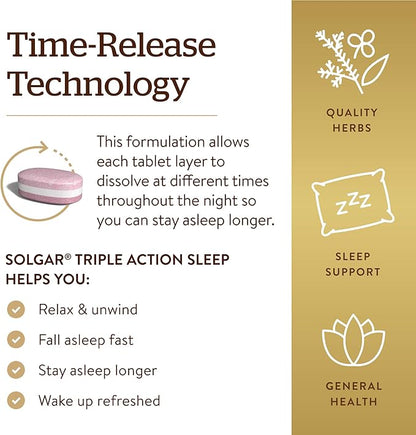 Solgar Triple Action Sleep, 60 Tri-Layer Tablets - Time-Release Melatonin & L-Theanine Plus Herbal Blend - Helps You Relax, Fall Asleep Fast & Stay Asleep Longer - Non-GMO, Gluten Free - 60 Servings