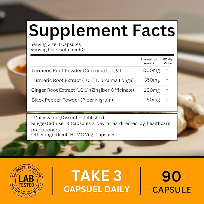 Turmeric Curcumin with Ginger & Black Pepper – Extra Strength Joint & Digestion Support – Natural, Non-GMO – Ultra High Absorption Turmeric Supplement – 1500mg, 90 Count