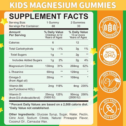 Magnesium Glycinate Gummies for Kids & Adults - Vitamin B6 & D3 - Great Tasting Kids Magnesium Calm Gummies for Promotes Sleep, Energy and Calm, Vegan Pineapple Flavor 60 Count