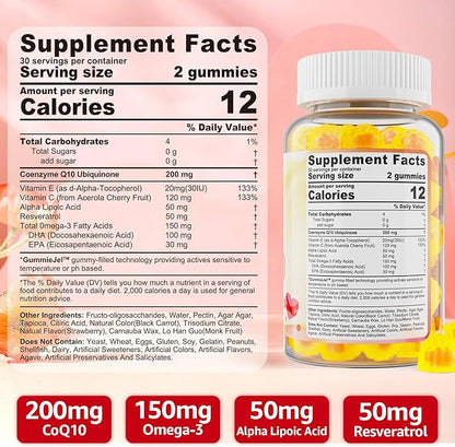 Sugar Free CoQ10 200mg Filled Gummies, 5X Better Absorption CoQ10 w/Resveratrol, Alpha Lipoic Acid, Omega-3, Vitamin E, C, Coenzyme Q10 for Cellular Energy, Heart, Brain, and Antioxidant (1Pack)