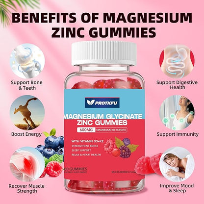 Magnesium Zinc Gummies w/Vitamin D3 & K2, Sugar Free High Absorption Magnesium Glycinate 600mg - Supports Bone Health, Nerve & Immune Function- 60 Count(one Pack)