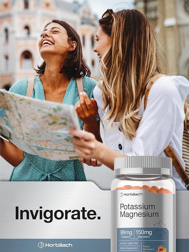 Horbäach Potassium Magnesium Supplement Gummies | Peach Strawberry Flavor | 70 Count | Vegan, Non-GMO, and Gluten Free Formula