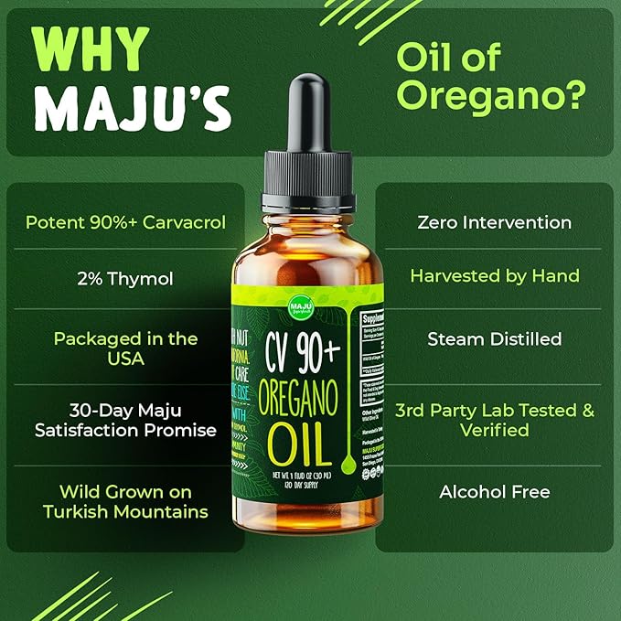 Maju Superfoods Oregano Oil Drops, Potent 90%+ Carvacrol (1 fl Oz) Wild Mediterranean Essential Oil of Oregano Liquid, Aceite de Oregano, Immune and Seasonal Support