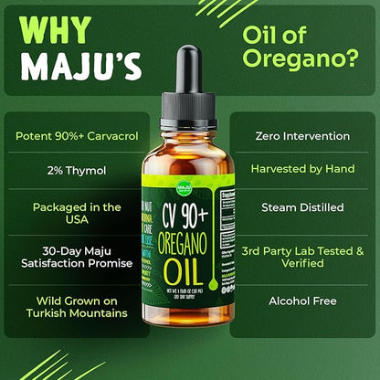 Maju Superfoods Oregano Oil Drops, Potent 90%+ Carvacrol (1 fl Oz) Wild Mediterranean Essential Oil of Oregano Liquid, Aceite de Oregano, Immune and Seasonal Support