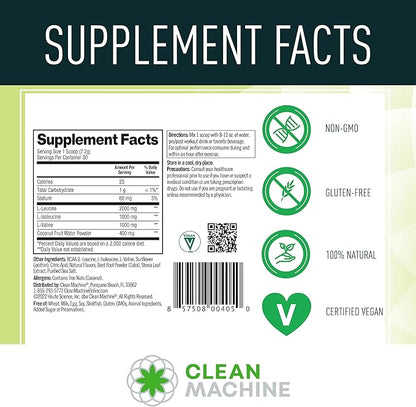 Clean BCAA - 2:1:1 Food Sourced BCAAs Powder & Coconut Water Electrolytes Recovery & Amino Energy Supplement - Award Winning Vegan Amino Acid Supplement - 30 Servings (30, Fruit Punch)
