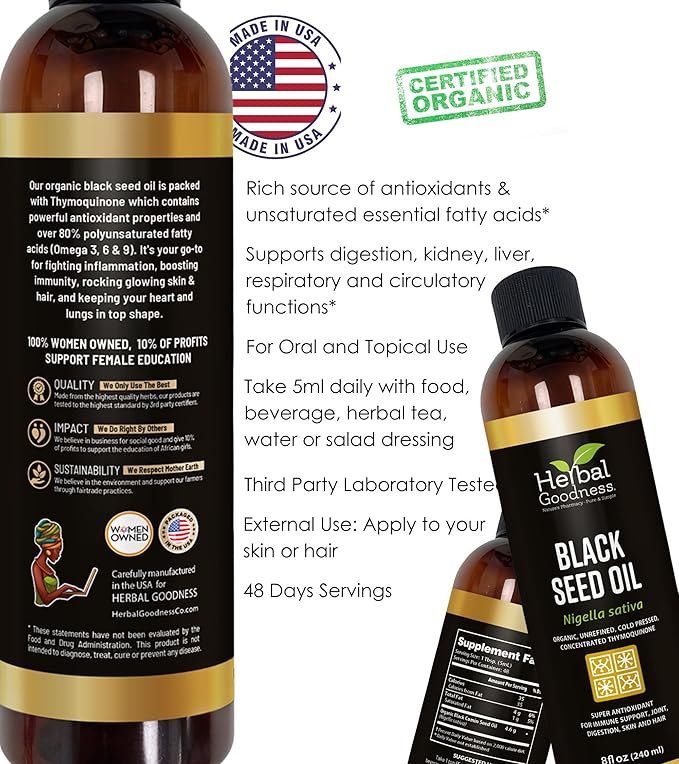 Black Seed Oil - Organic Cold Pressed Nigella Sativa, Black Cumin Seed Oil with Thymoquinone, Blackseed Liquid for Health, Hair Growth & Skincare 8 fl. oz | Herbal Goodness