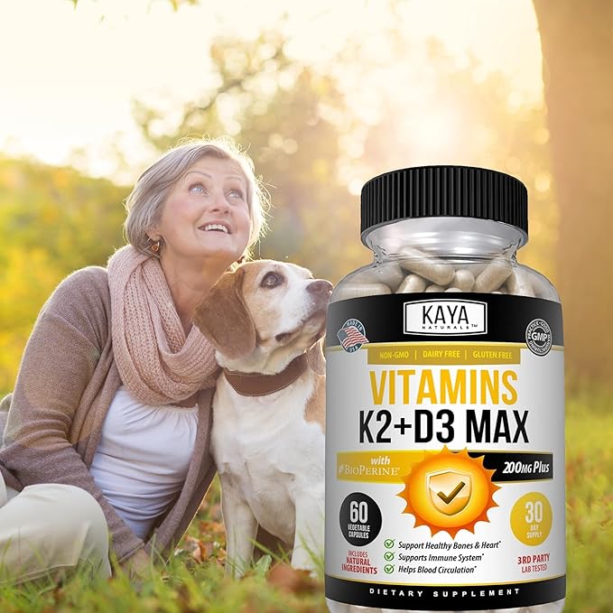 Kaya Naturals Vitamins K2 with D3 5000IU Supplement for Men and Women - Easy to Swallow - Bioperine Capsules (60 Count (Pack of 1))