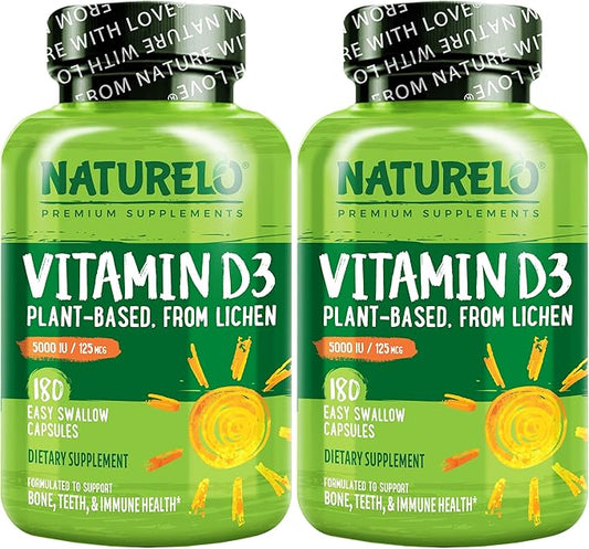 NATURELO Vitamin D - 5000 IU - Plant Based from Lichen - Natural D3 Supplement for Immune System, Bone Support, Joint Health - High Potency - Vegan - Non-GMO - Gluten Free - 180 Capsules (Pack of 2)