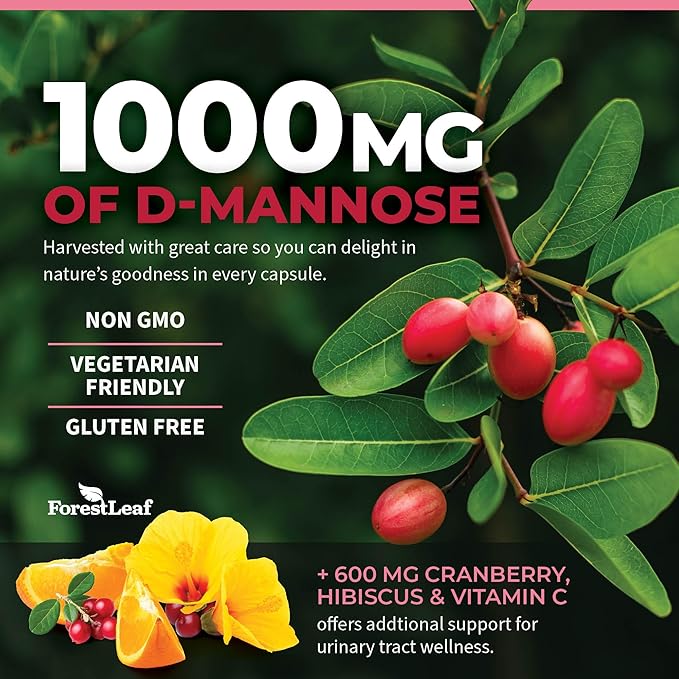 ForestLeaf D Mannose 1000mg Capsules - D-Mannose with Cranberry, Hibiscus & VIT C, Urinary Tract Health for Women and Men, Organic DMannose Pills for UTI, Urinary Health & Bladder Support 60 Capsules
