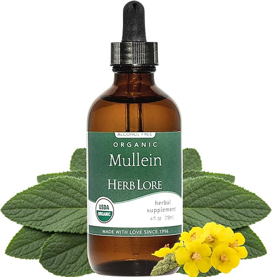 Herb Lore Organic Mullein Tincture Drops - Mullein Leaf Extract for Lungs - Safe for Kids - Alcohol Free (4 fl oz)