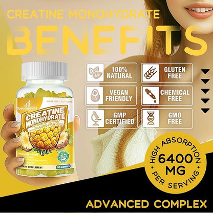 Creatine Monohydrate Gummies Complex for Men & Women -Advanced Formula W/L-Taurine + Vitamin B12, Sugar Free Chewable Supplement,90 Pineapple Gummies
