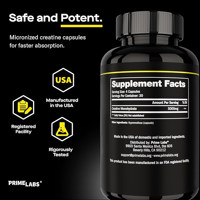 Prime Labs Creatine Monohydrate Capsules - 5g (5000mg) - Muscle Growth, Recovery, Brain Function - for Men & Women - 120 Count