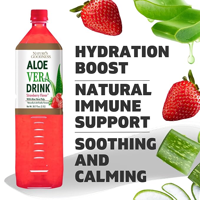 Nature's Goodness Aloe Vera Drink with Pulp Strawberry Flavor -12 Pack Case - 50.7 Fl Oz (1.5 L) Each - Total 18 Liters - Refreshing Beverage with Real Aloe Vera Juice