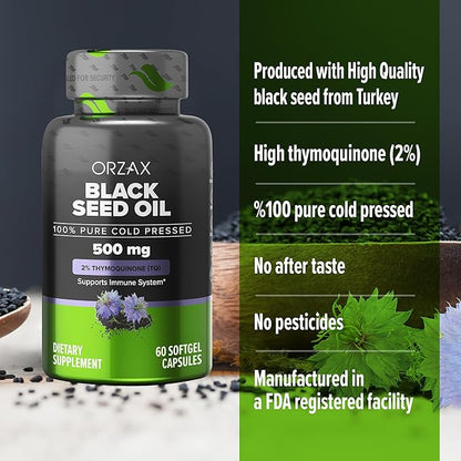 ORZAX Black Seed Oil Cold Pressed 100% Pure | Non-GMO - Rich in Omega 3 6 9 & Thymoquinone | Black Cumin Nigella Sativa Oil for Immune Support, Hair, Skin, Face (500 mg - 60 Softgel Capsules)