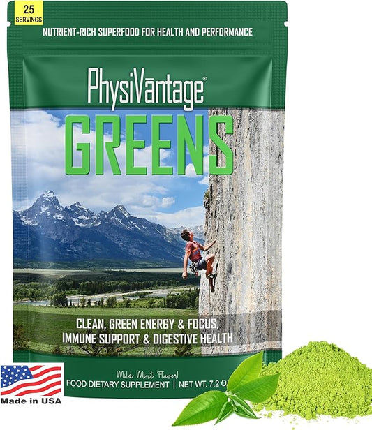 PhysiVantage Greens Superfood Powder with Prebiotic Fiber, Probiotics, Post-biotics, Spirulina, Chlorella - Vegan - Energy, Focus, Immune Support, Gut Health - Delicious Mild Mint Flavor - 25 Servings