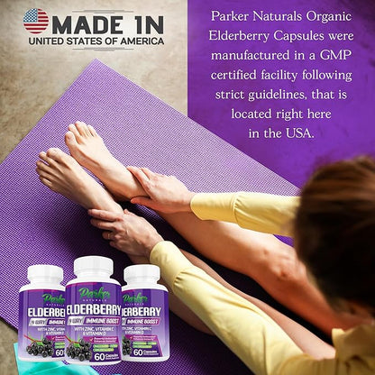 Organic Elderberry Capsules, 4-Way Immune Boost, Vitamins C, D, and Zinc Support, 1260.1 mg Elderberry Supplements for Adults, 60 Capsules