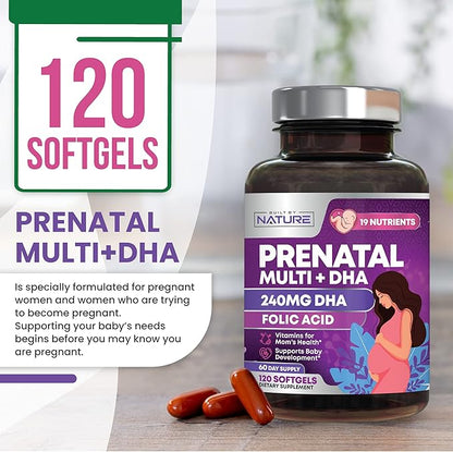 Prenatal Vitamins for Women - Multivitamin with DHA, Folic Acid, Vitamin C, B12, Iron & Omega-3 - Before, During & Post Pregnancy Supplement for Healthy Growth & Brain Development - 120 Softgels