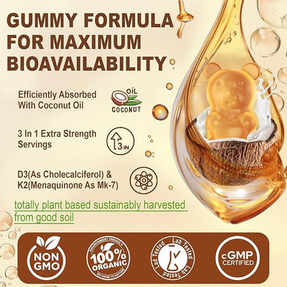 Vitamin D3 5000iu & K2( as MK7 ) 200mcg Gummies + 600mg Calcium, with Coconut Oil for High Absorption, Maximum Strength Vitamin D3 K2 Supplement - Support for Bones Muscle Teeth Immune, Vegan 60 Count