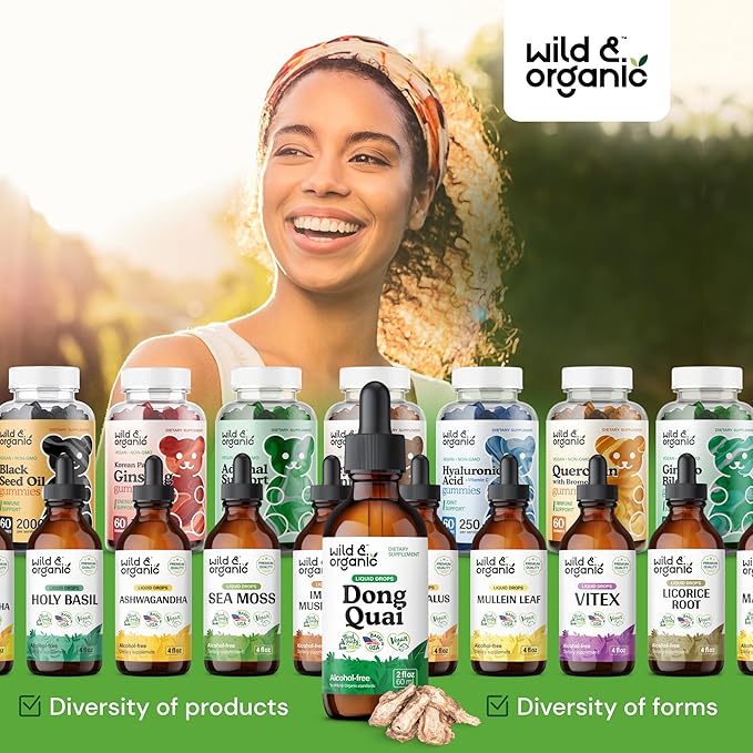 Wild & Organic Dong Quai Tincture 500 mg - Angelica Root Supplements for Women - Dong Quai Root Liquid Extract Drops - Angelica Sinensis Herb - No Sugar & Alcohol - 2 fl oz