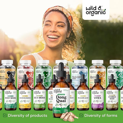 Wild & Organic Dong Quai Tincture 500 mg - Angelica Root Supplements for Women - Dong Quai Root Liquid Extract Drops - Angelica Sinensis Herb - No Sugar & Alcohol - 2 fl oz