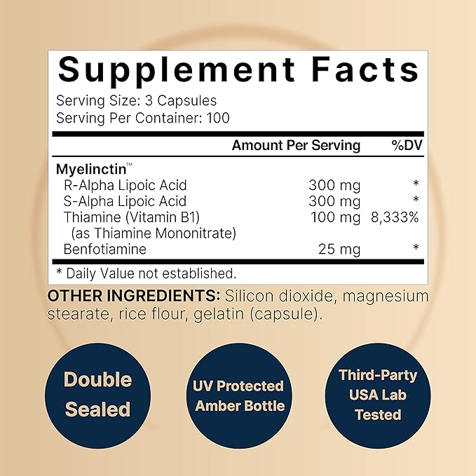 Alpha Lipoic Acid 600mg w/ B1 Complex | 300 Capsules, 4 in 1 Myelinctin Formula, R-ALA | S-ALA | Thiamine | Benfotiamine, High Bioavailability and Potency, Third Party Tested, Non-GMO & NO Gluten