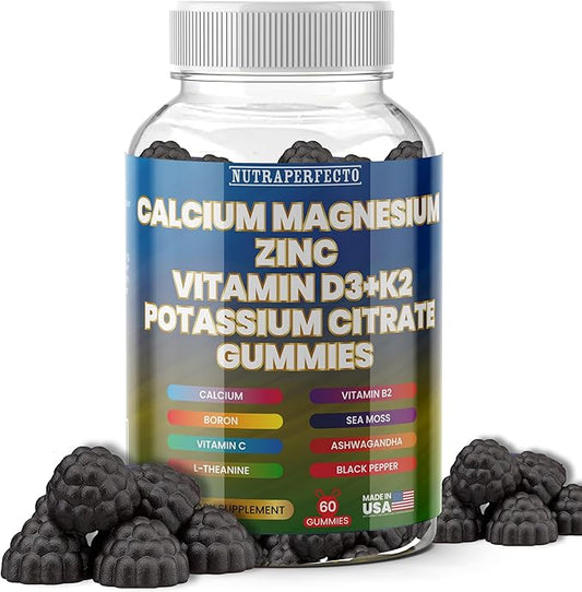 Sugar Free Calcium Gummies for Kids & Adults Citrate Magnesium Glycinate Potassium Vitamin D3 K2 B2 B6 C Irish Sea Moss Ashwaghanda L-Theanine Boron Zinc Gummies for Muscles, Cellular Energy