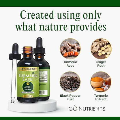 Go Nutrients Turmeric Ease - Organic Turmeric Supplement with Curcumin, Ginger & Black Pepper – Liquid Drops Extract Tincture for Quick Absorption – Supports Joint Health & Immune Defense – 2oz