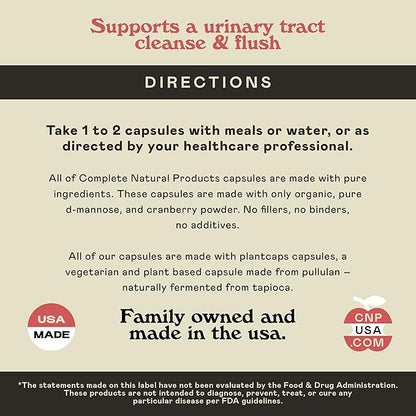 Complete Natural Products D-Mannose & Cranberry Capsules - 100 Capsules, 1040mg per Serving for Urinary Tract Health and UT Flush
