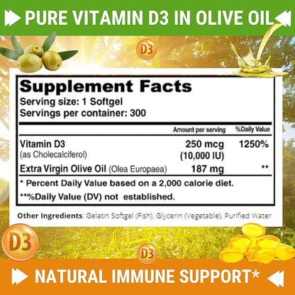 Fresh Healthcare Vitamin D3 10000 IU (250mcg) with Extra Virgin Olive Oil - Immune Support - 300 Softgels for Joints, Bone, Muscle & Mood Health - Non-GMO Vitamin D Supplement