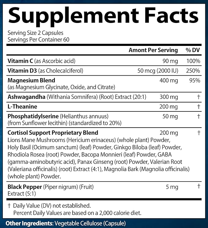 Cortisol Supplements for Women and Men with Magnesium, Ashwagandha & L-Theanine. High Cortisol Reducer, Manager, Detox, Lower and Control. Sleep Support & Stress Relief, USA (120 Capsules)