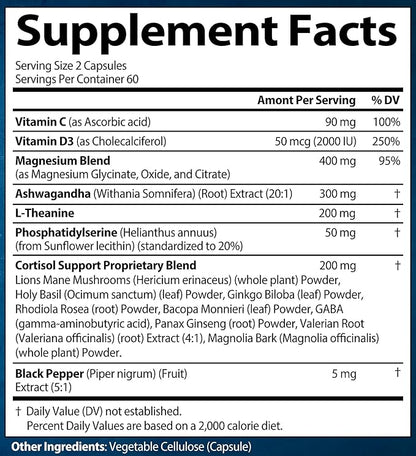 Cortisol Supplements for Women and Men with Magnesium, Ashwagandha & L-Theanine. High Cortisol Reducer, Manager, Detox, Lower and Control. Sleep Support & Stress Relief, USA (120 Capsules)