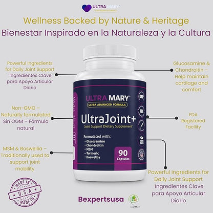 UltraMary+ Joint Support w/Glucosamine, Chondroitin, MSM, Turmeric & Boswellia – Mobility & Flexibility – 90 Capsules – Suplemento Articulaciones – Made in USA – Advanced Formula