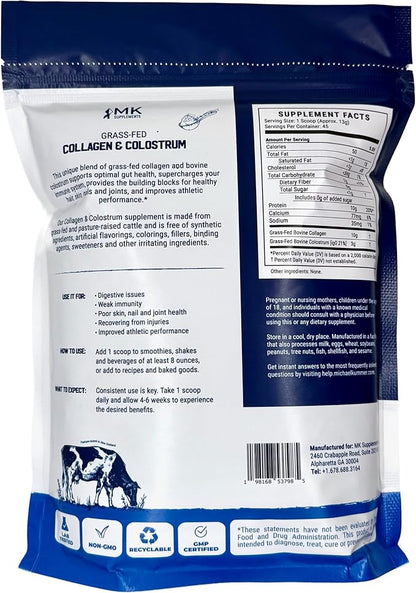 MK Supplements Grass-Fed Collagen & Colostrum Supplement, 45 Servings, Non-GMO, Gluten Free, Supports Gut Health, Immunity, Hair, Skin, Nails, Joints