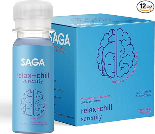SAGA Organic Relaxation Shots | Contains Adaptogens & Mushrooms - Lion's Mane & Kava | High Bioavailability & Fast Onset | Elevate Mood & Reduce Fatigue | Strawberry Cucumber 2oz Shots (12-Pack)