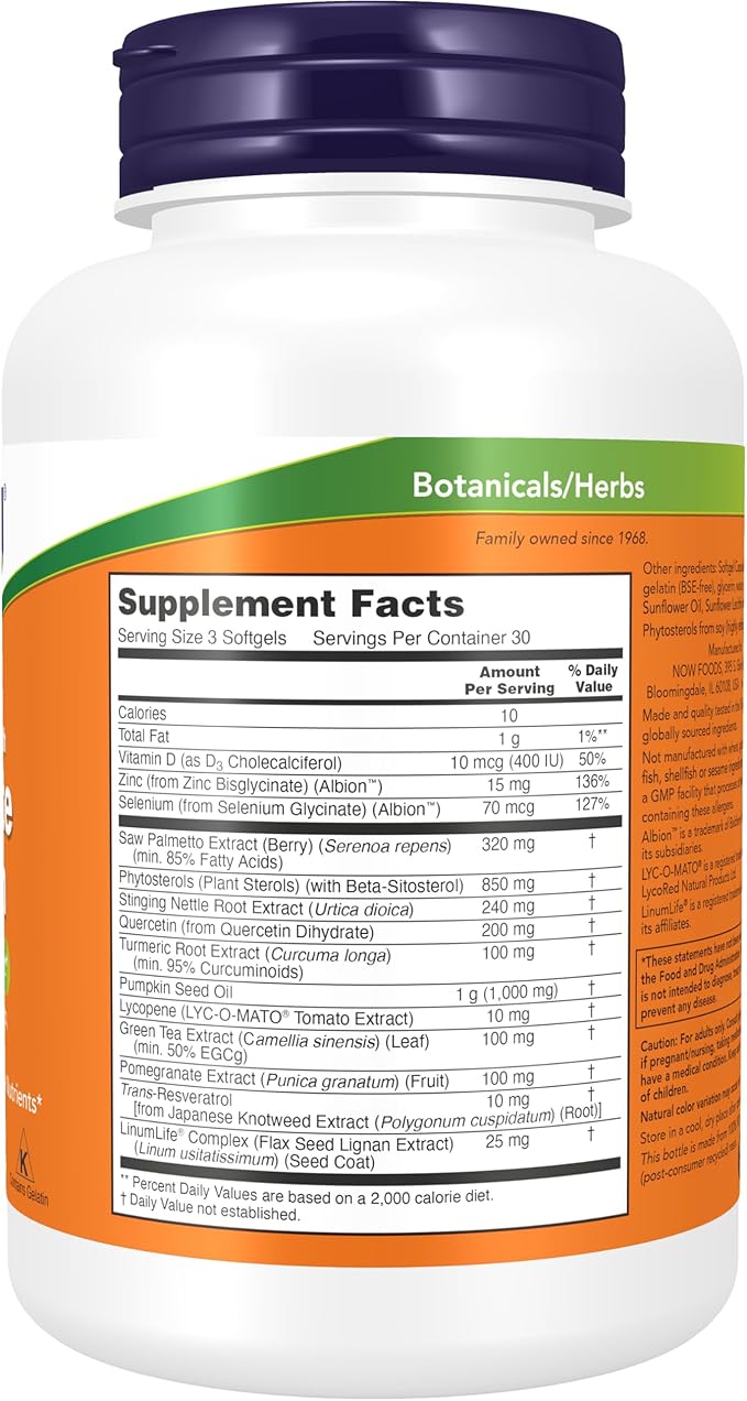 NOW Supplements, Prostate Health, Clinical Strength Saw Palmetto, Beta-Sitosterol & Lycopene, 90 Softgels
