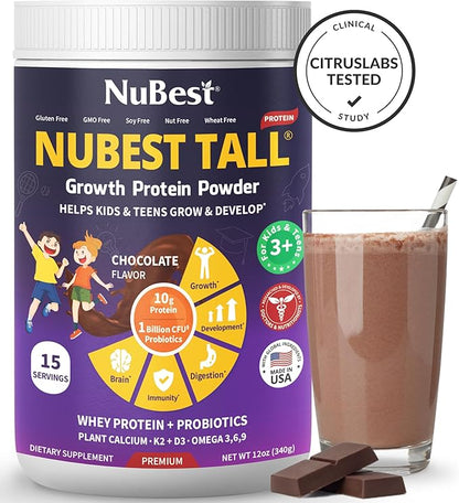 NuBest Tall Protein Powder for Kids & Teens - Chocolate Protein Powder Shake - Protein Drink with Probiotics, Omega 3-6-9, Vitamin D3 + K2, Calcium, Vitamins - Bone Strength and Immunity - Pack 4