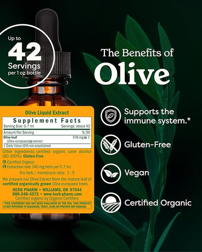 Herb Pharm Certified Organic Olive Leaf Liquid Extract for Immune System Support - 1 Ounce