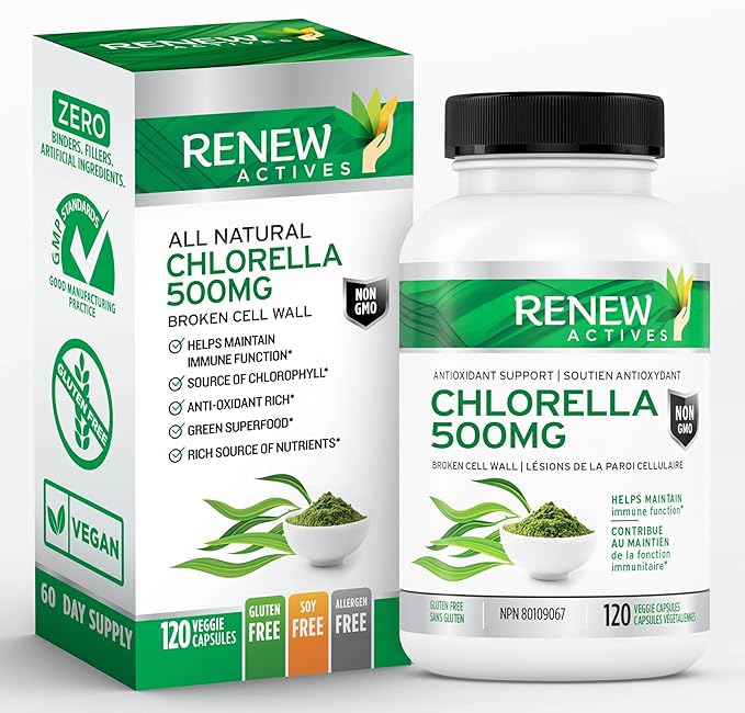 Renew Actives Chlorella Capsules 500mg - Rich in Antioxidants & Nutrients - Natural Source for Cellular Health, Vitality, & Wellness - Made in Canada - 120 Easy-to-Swallow Vegan Capsules