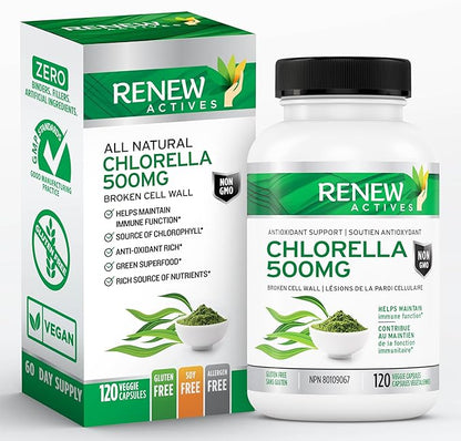 Renew Actives Chlorella Capsules 500mg - Rich in Antioxidants & Nutrients - Natural Source for Cellular Health, Vitality, & Wellness - Made in Canada - 120 Easy-to-Swallow Vegan Capsules